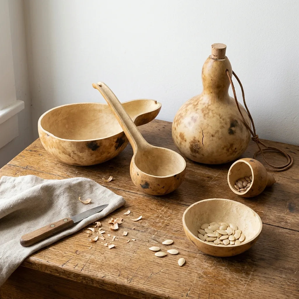 Objets faits de calebasses séchées : bol, louche et gourde (Lagenaria siceraria) — SemiSauvage