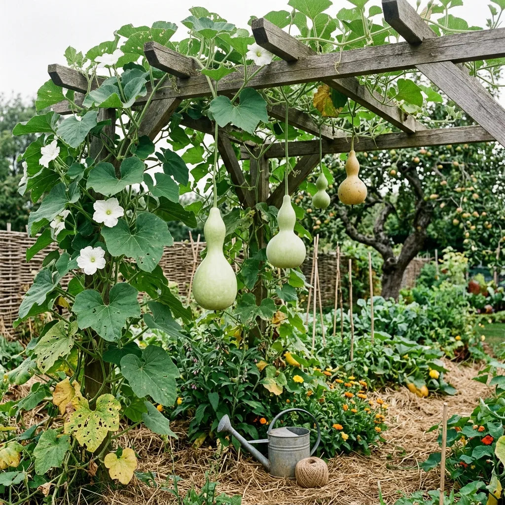 Calebasse (Lagenaria siceraria) grimpant sur une pergola dans un potager en permaculture — SemiSauvage