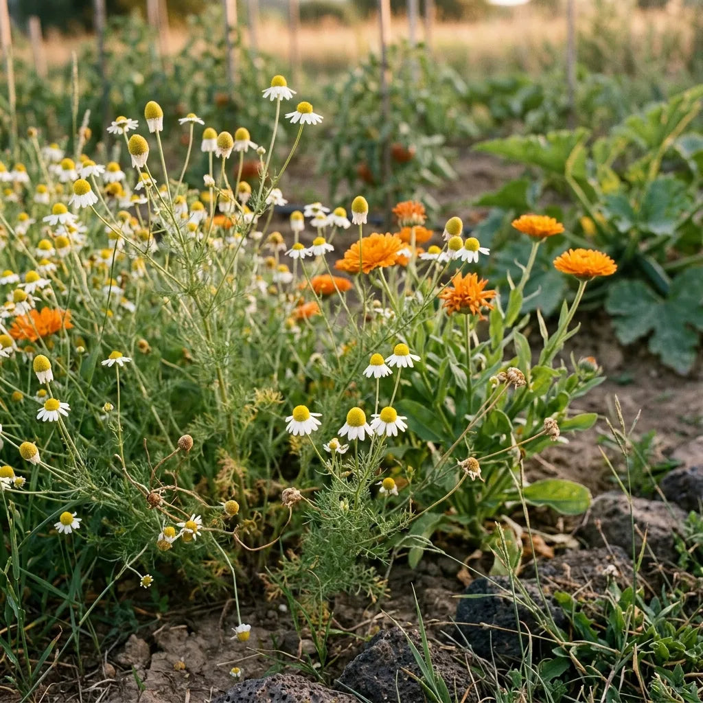 Camomille matricaire en bordure de potager avec des soucis — SemiSauvage