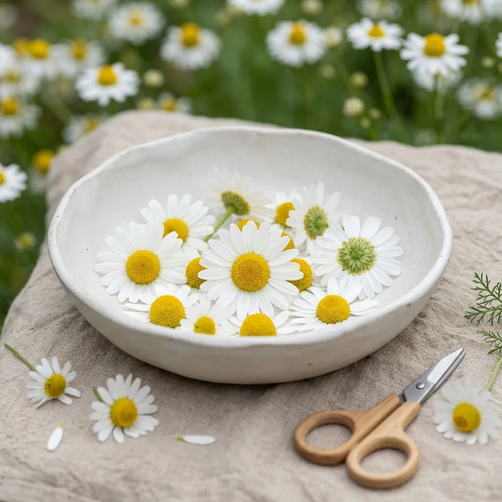 Récolte des capitules de camomille en pleine floraison, le matin — SemiSauvage