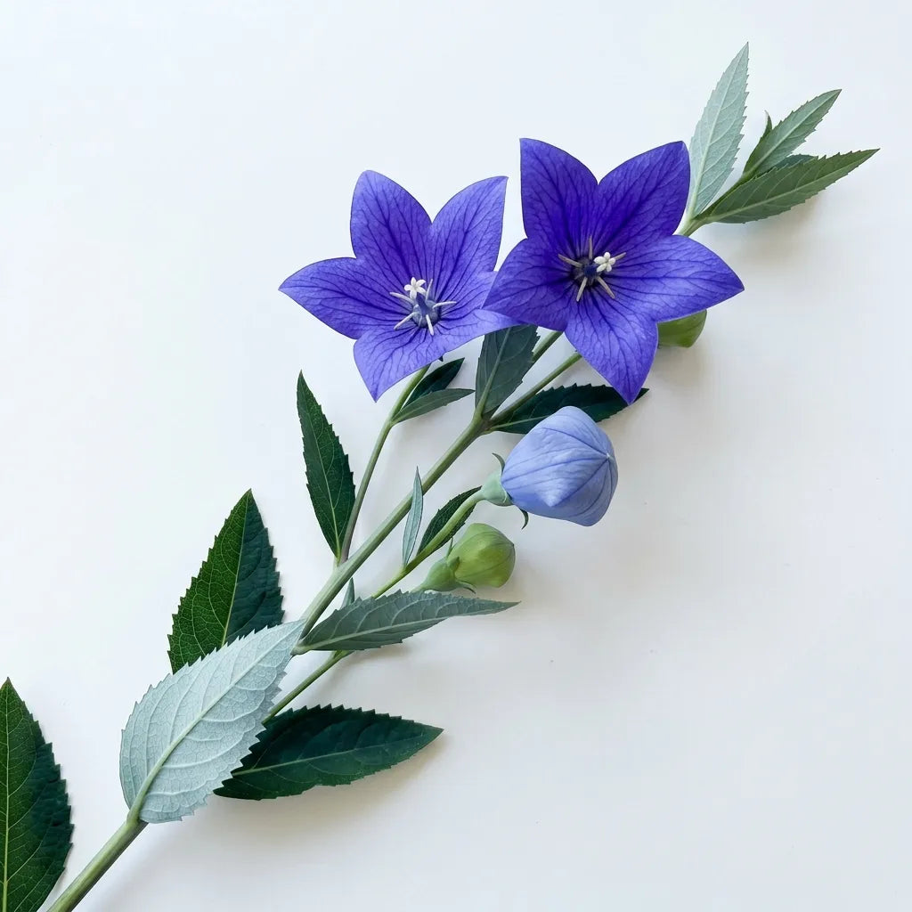 Tige de Platycodon grandiflorus, fleurs étoilées bleues et bouton en ballon, sur fond blanc — SemiSauvage