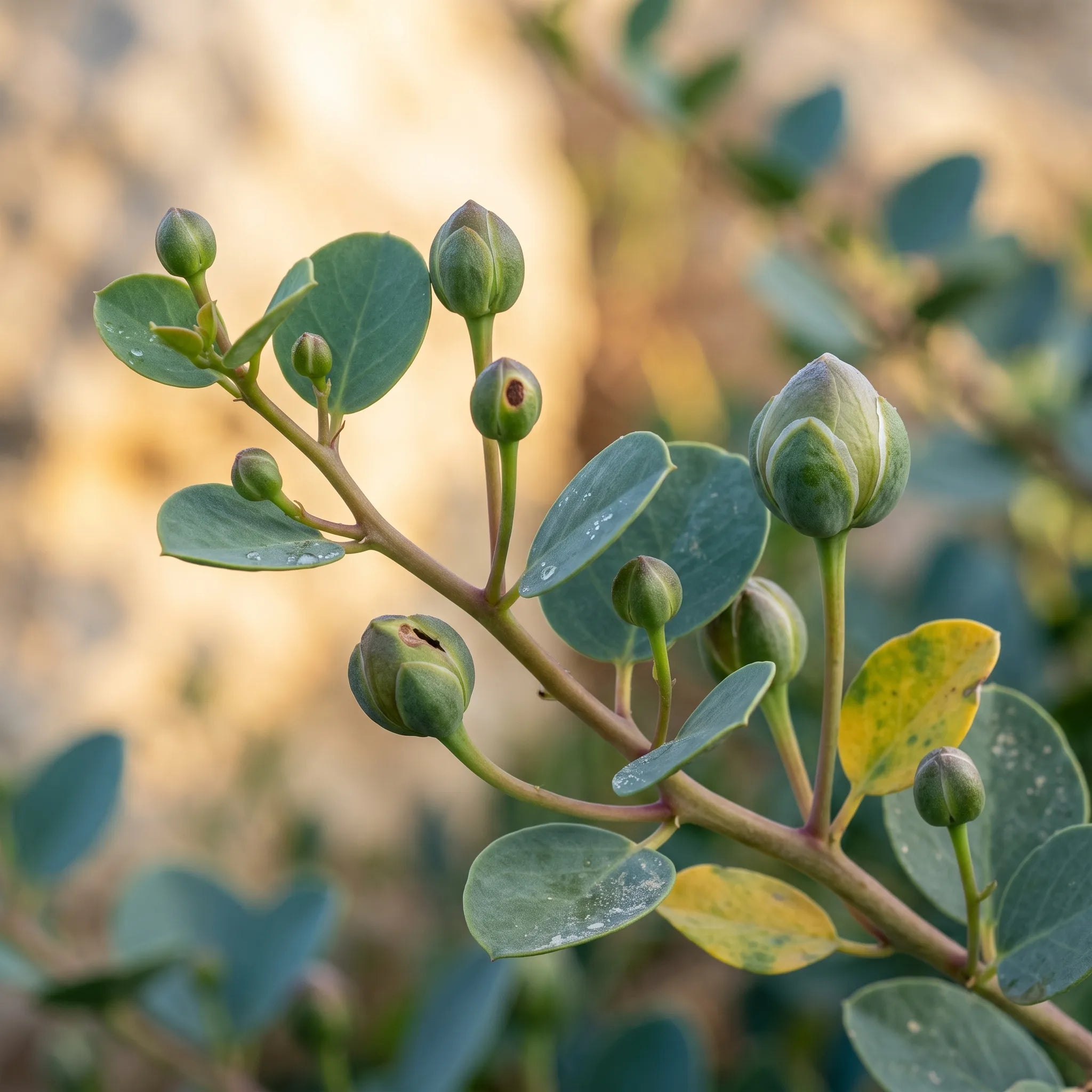 Boutons floraux du câprier sur le rameau, ceux qui deviendront les câpres