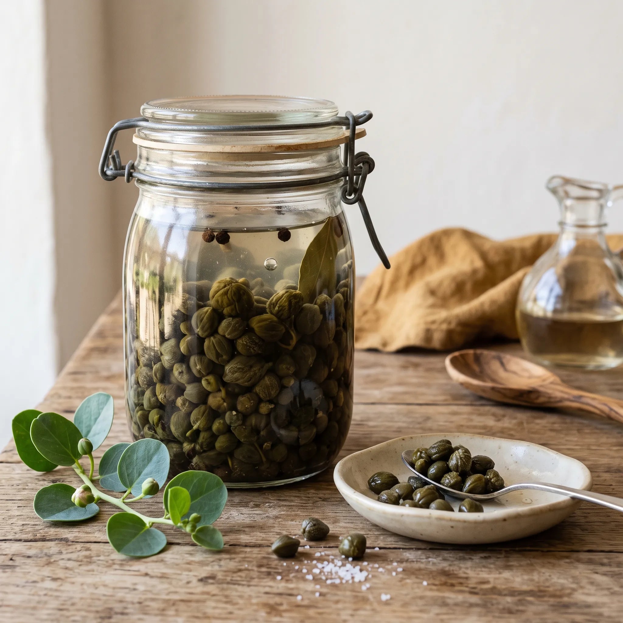 Câpres conservées au sel et au vinaigre dans un bocal en verre ancien