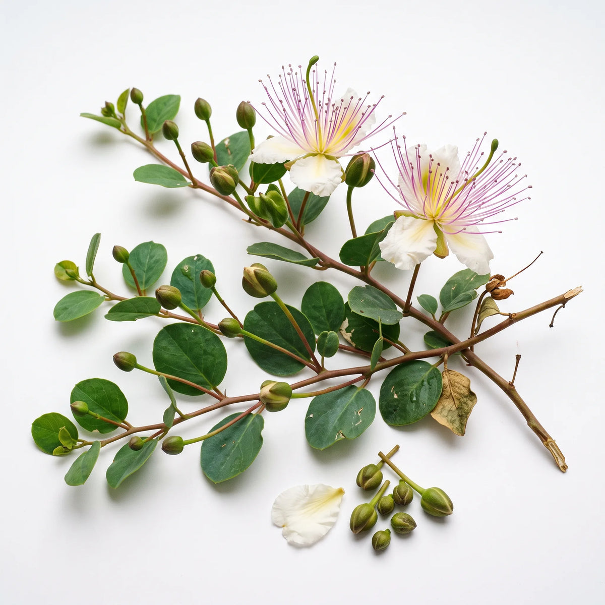 Rameaux de câprier fleuris et couverts de boutons, sur fond blanc