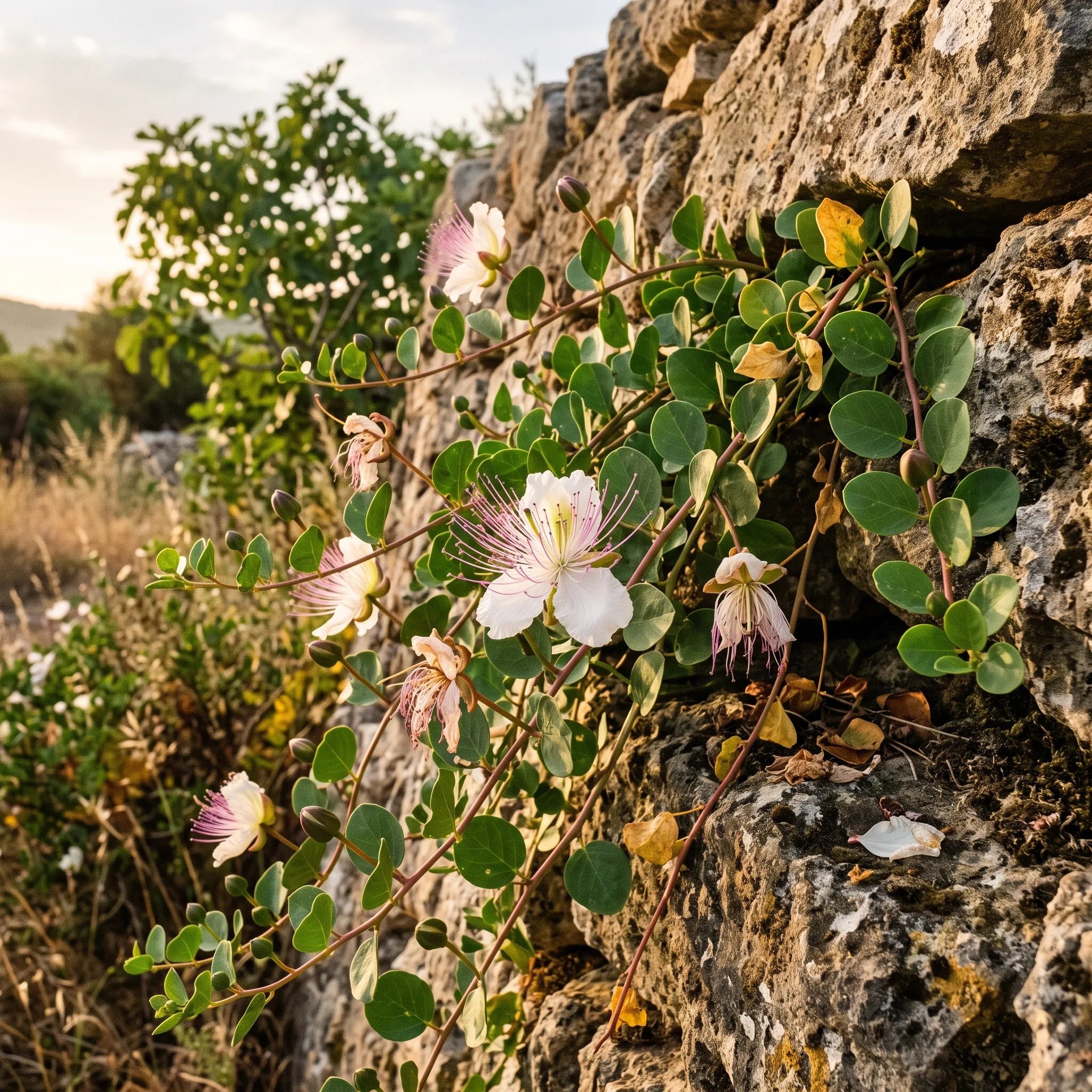 Câprier en fleurs sur un vieux mur de pierre méditerranéen — graines reproductibles SemiSauvage
