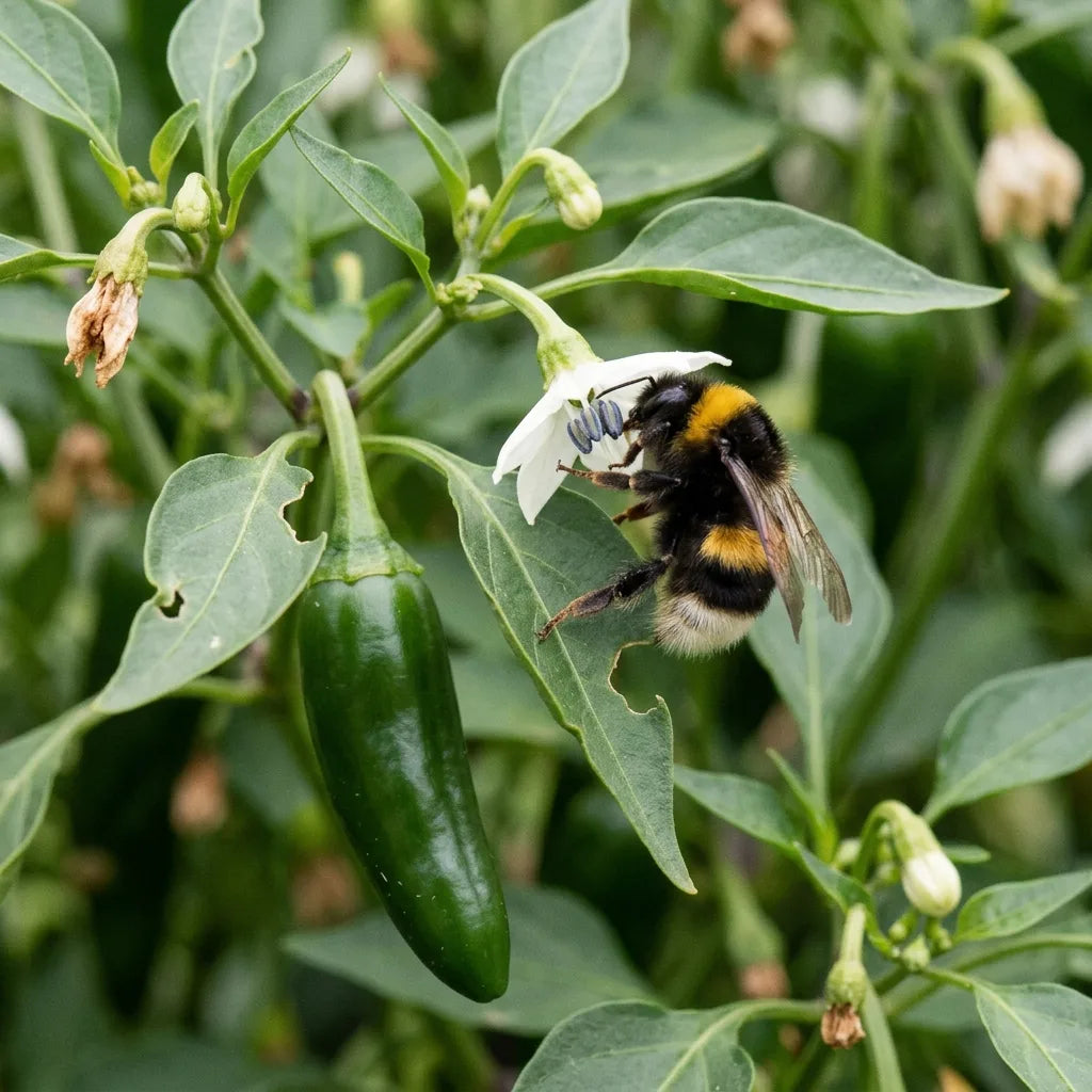 Bourdon terrestre butinant une fleur de piment Anaheim Chili — SemiSauvage