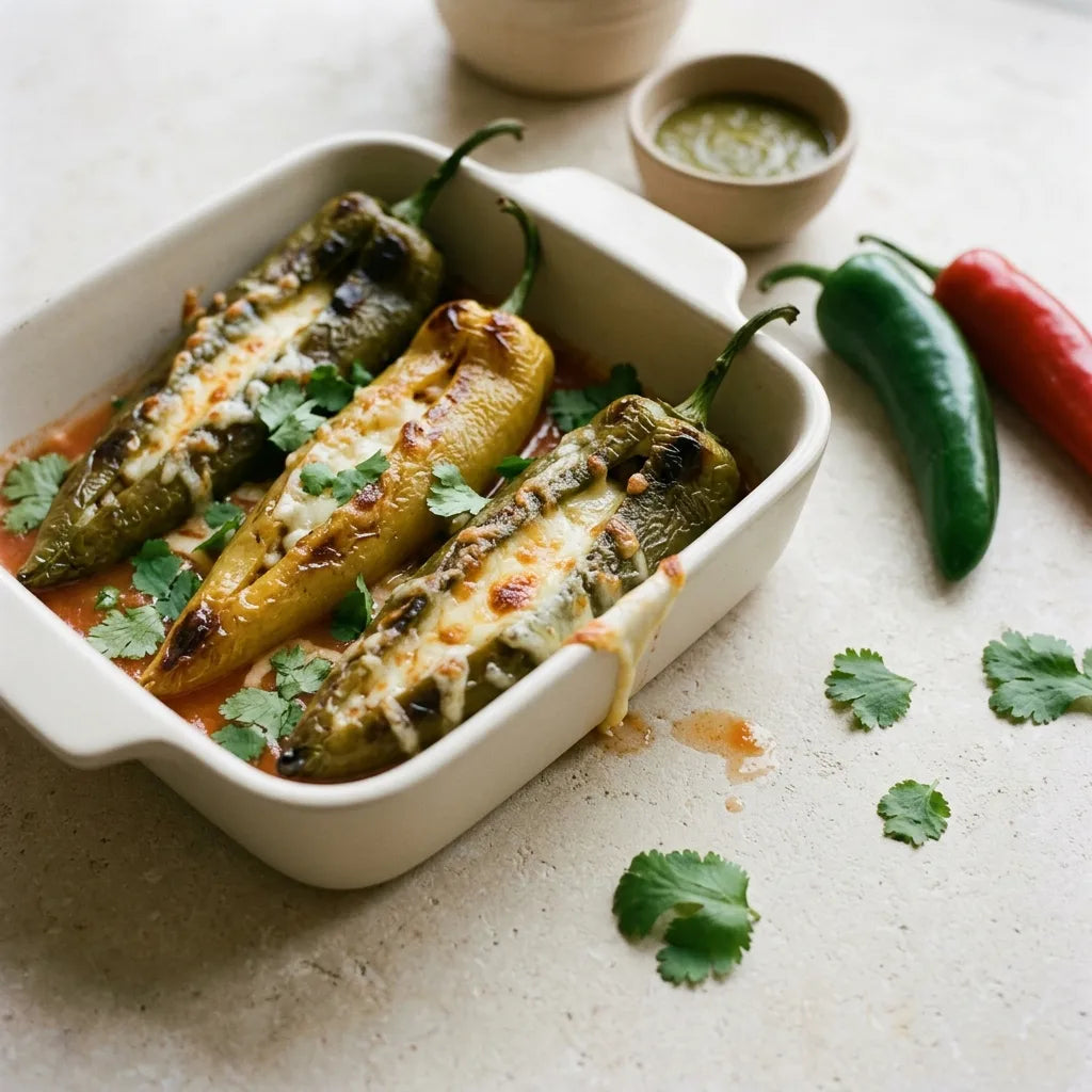 Chiles rellenos : piments Anaheim grillés, pelés et farcis au fromage, gratinés au plat — SemiSauvage