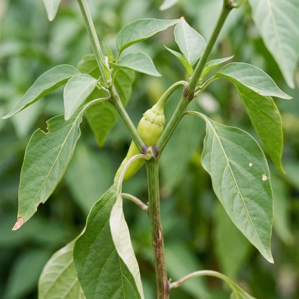 Fourche de ramification du piment Anaheim : jeune fruit noué dans l'angle, feuilles alternées à marge entière — SemiSauvage