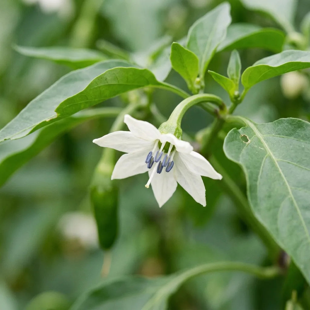 Macro de la fleur de Capsicum annuum : cinq pétales blanc pur et anthères bleu-violet caractéristiques — SemiSauvage