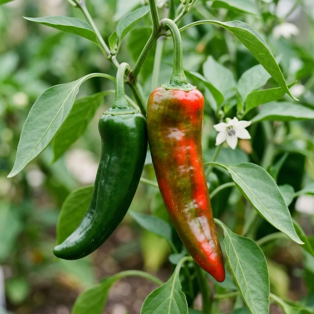 Macro de deux piments Anaheim pendants, l'un vert foncé et l'autre en train de virer au rouge — SemiSauvage
