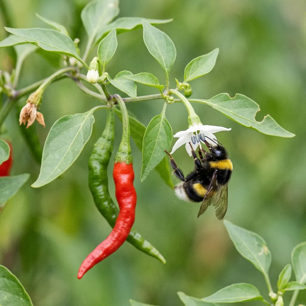 Bourdon des jardins butinant une fleur de piment de Cayenne — SemiSauvage