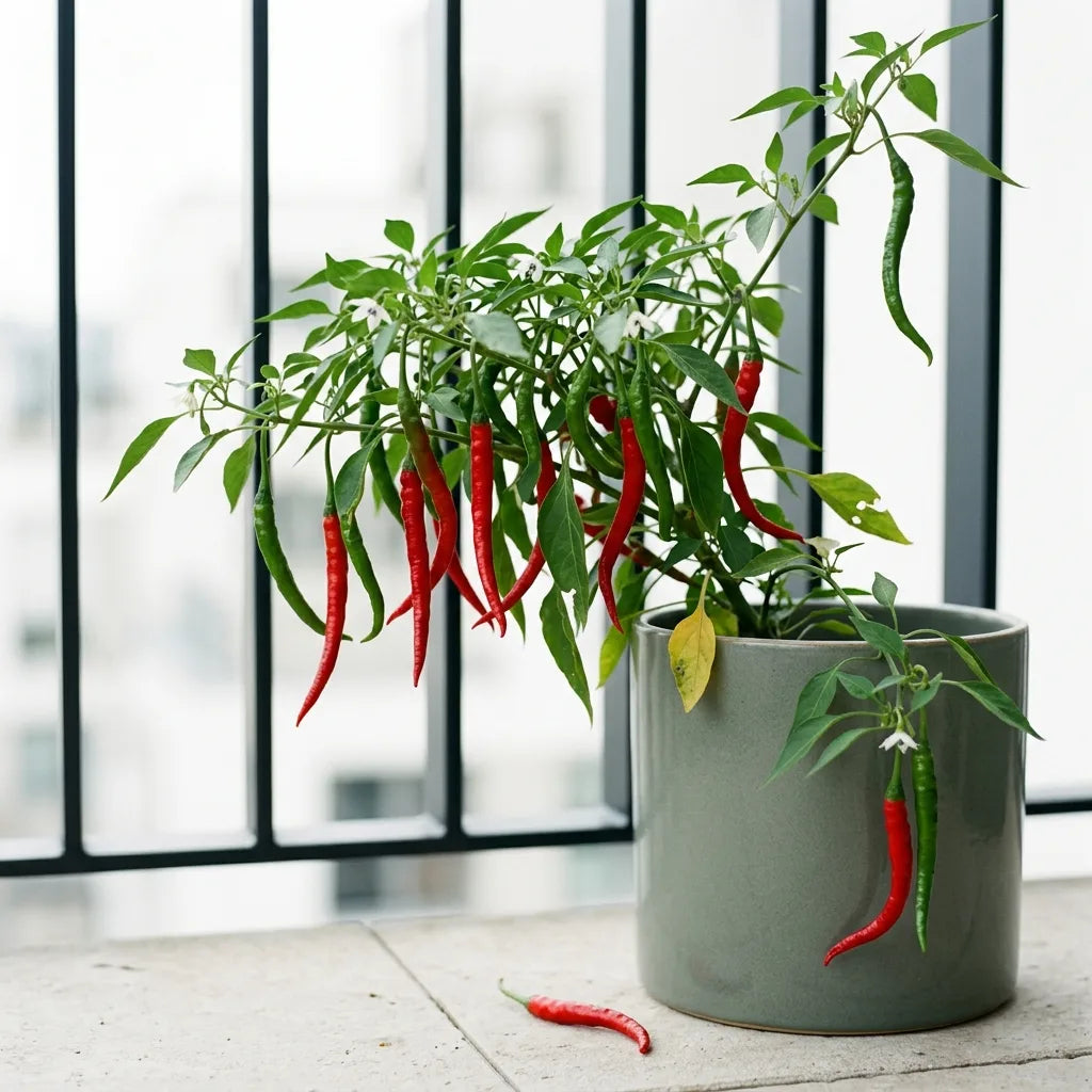 Piment de Cayenne cultivé en pot de grès sur un balcon contemporain — SemiSauvage