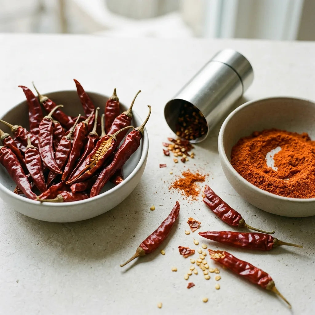 Piments de Cayenne séchés, moulin à épices et poudre de piment rouge orangé — SemiSauvage