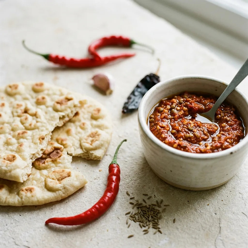 Harissa maison au piment de Cayenne, servie avec du pain plat — SemiSauvage