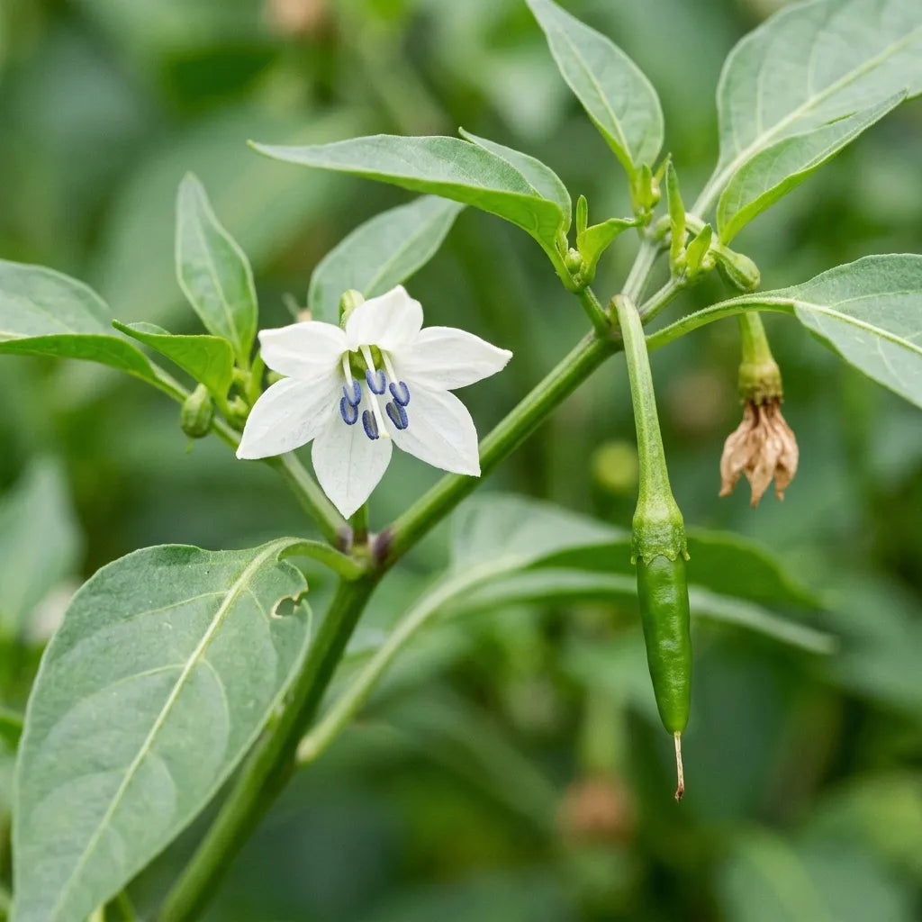 Macro de la fleur solitaire du piment de Cayenne : pétales blanc pur et anthères bleu-violet, avec un jeune fruit noué — SemiSauvage