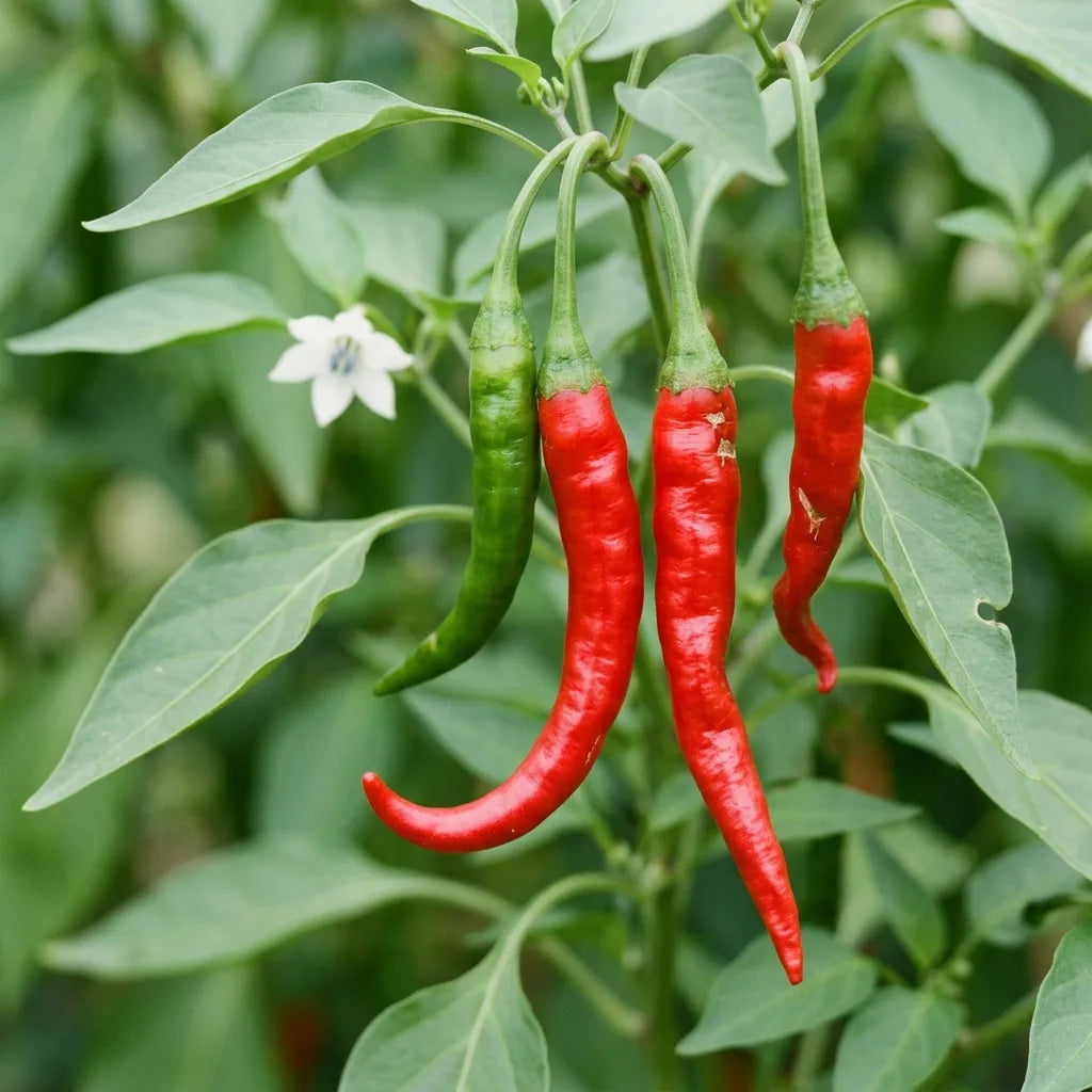 Macro de piments de Cayenne pendants, longs, fins et arqués, rouges et verts — SemiSauvage