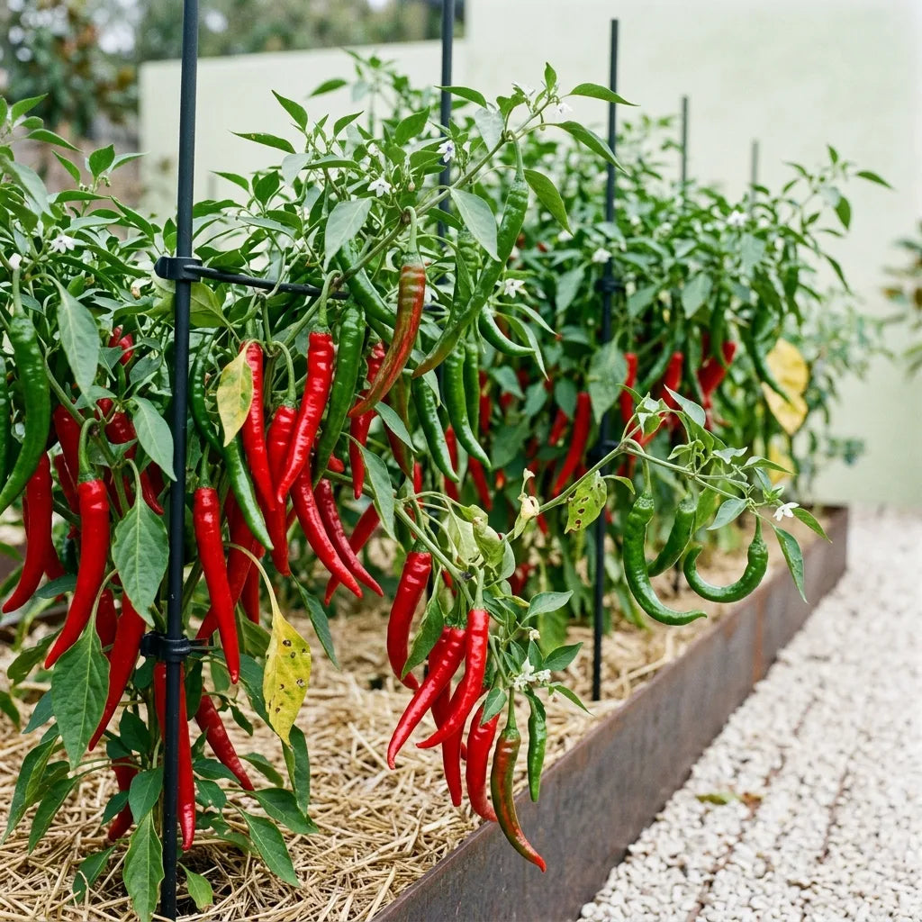 Rang de piments de Cayenne très productifs dans une planche bordée d'acier corten, sous paillage de paille — SemiSauvage