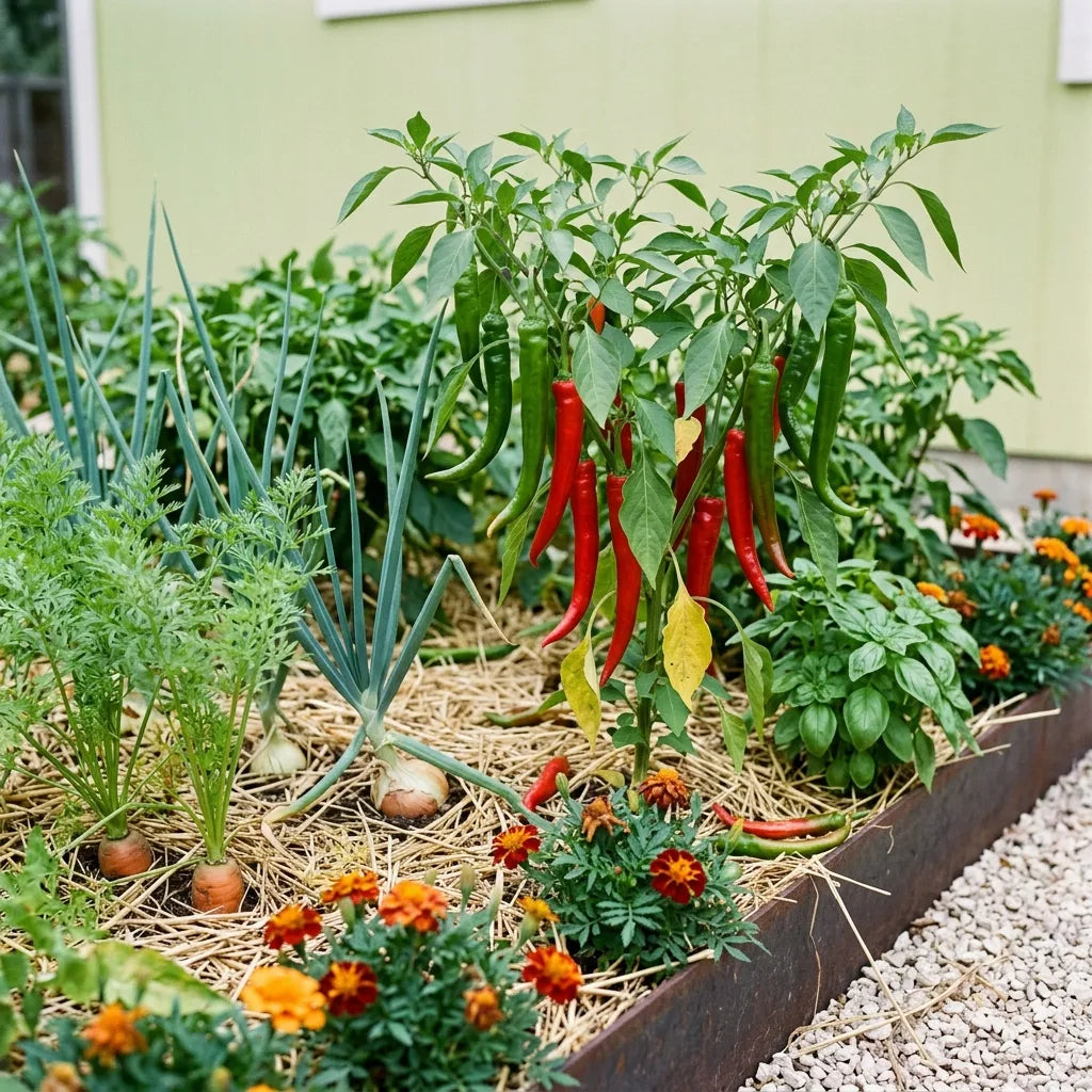 Association au potager : poivron doux des Landes, carottes, oignons, basilic et œillets d'Inde — SemiSauvage