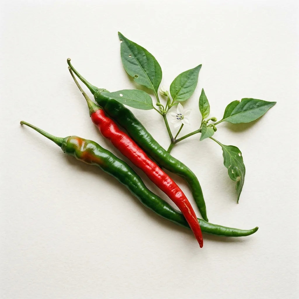 Poivron Doux Très Long des Landes (Capsicum annuum) sur fond blanc : fruits très longs et très étroits, verts et rouges — SemiSauvage