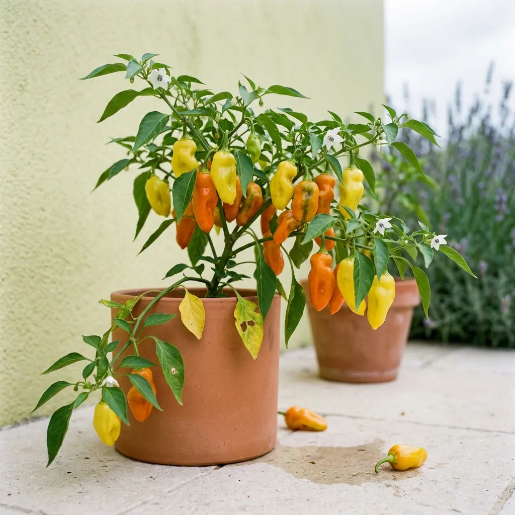 Poivron Petit Marseillais cultivé en pot de terre cuite sur une terrasse méditerranéenne — SemiSauvage