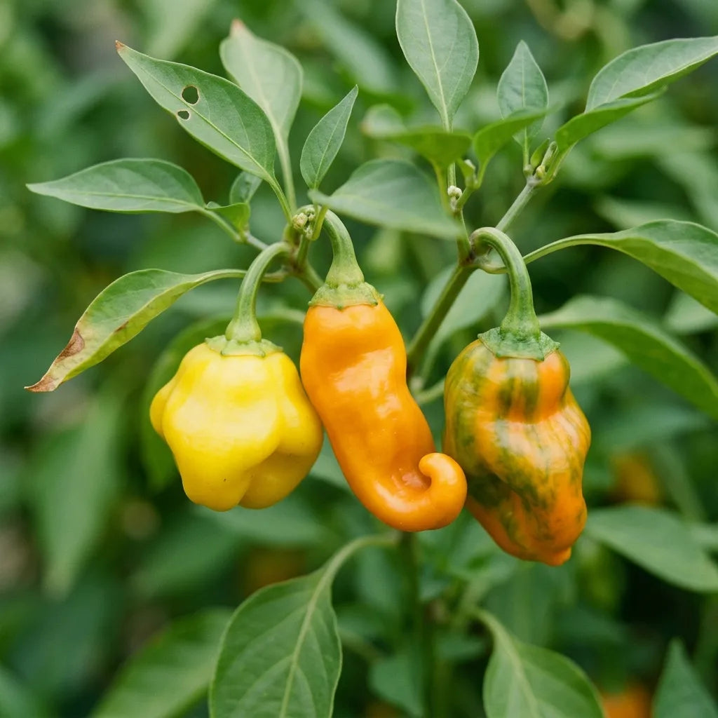 Macro de trois poivrons Petit Marseillais pendants, jaune, orangé et en cours de virage — SemiSauvage