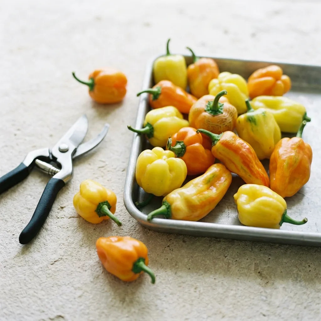 Récolte au sécateur des poivrons Petit Marseillais, jaunes et orangés, sur un plateau de zinc — SemiSauvage