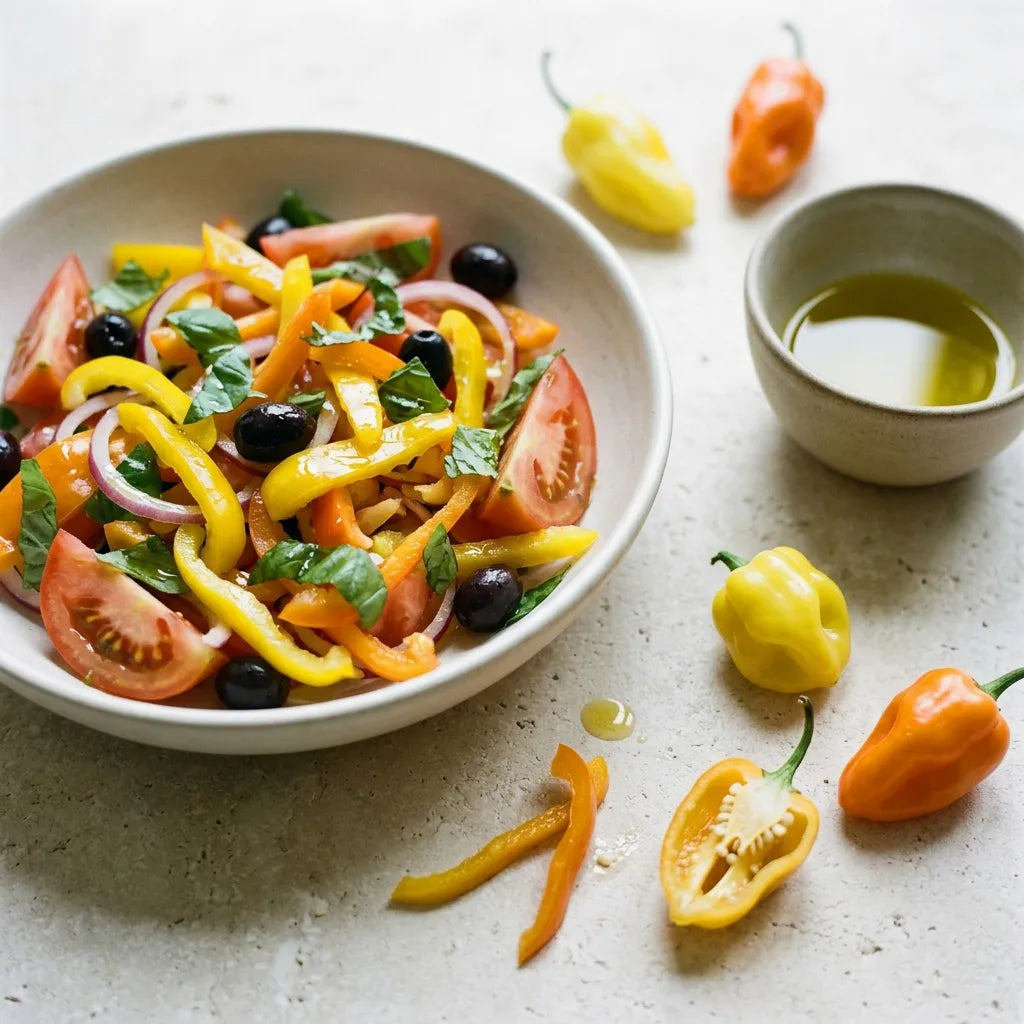 Salade provençale crue au poivron Petit Marseillais, tomate, oignon rouge, olives et basilic — SemiSauvage