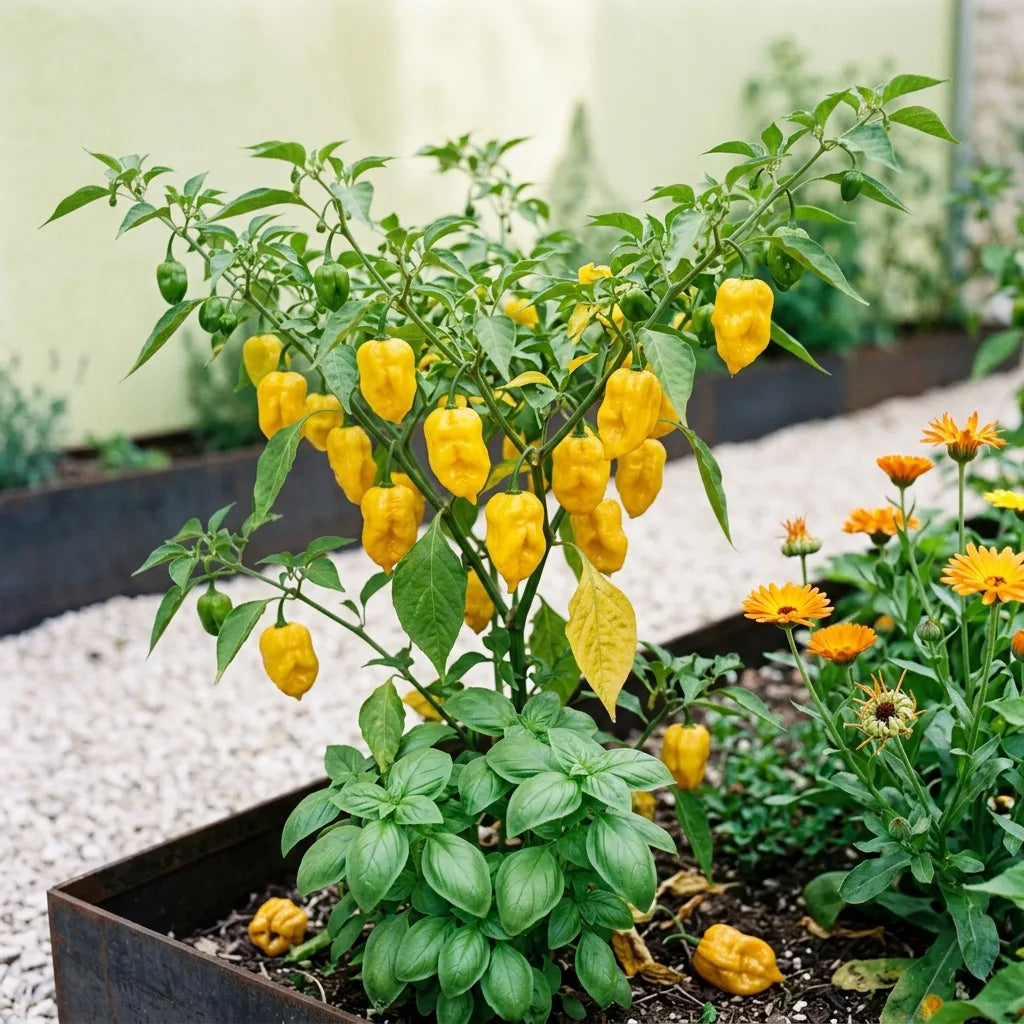 Association au potager : Habanero Citron, basilic à son pied et soucis officinaux en bordure — SemiSauvage