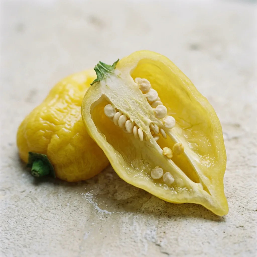 Piment Habanero Citron fendu : paroi très fine, cavité creuse, placenta blanc et graines crème — SemiSauvage