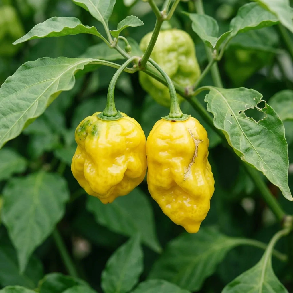 Macro de deux piments Habanero Citron pendants à peau fortement ridée et plissée — SemiSauvage
