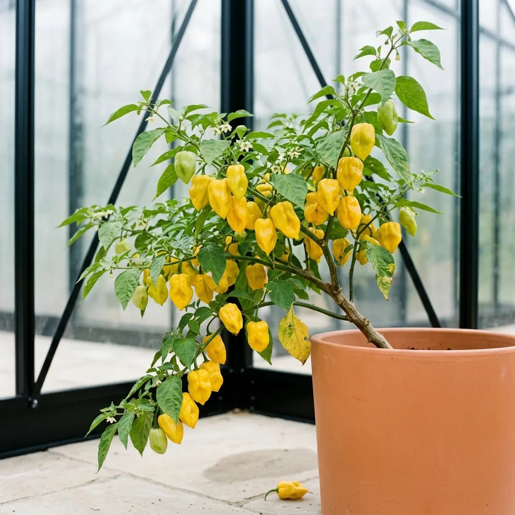 Pied de Habanero Citron en pot de terre cuite sous serre, chargé de piments jaunes pendants — SemiSauvage
