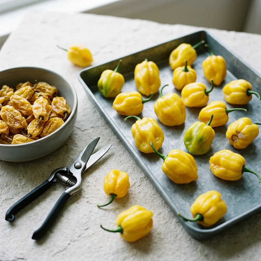 Récolte au sécateur et séchage des piments Habanero Citron sur plateau de zinc — SemiSauvage