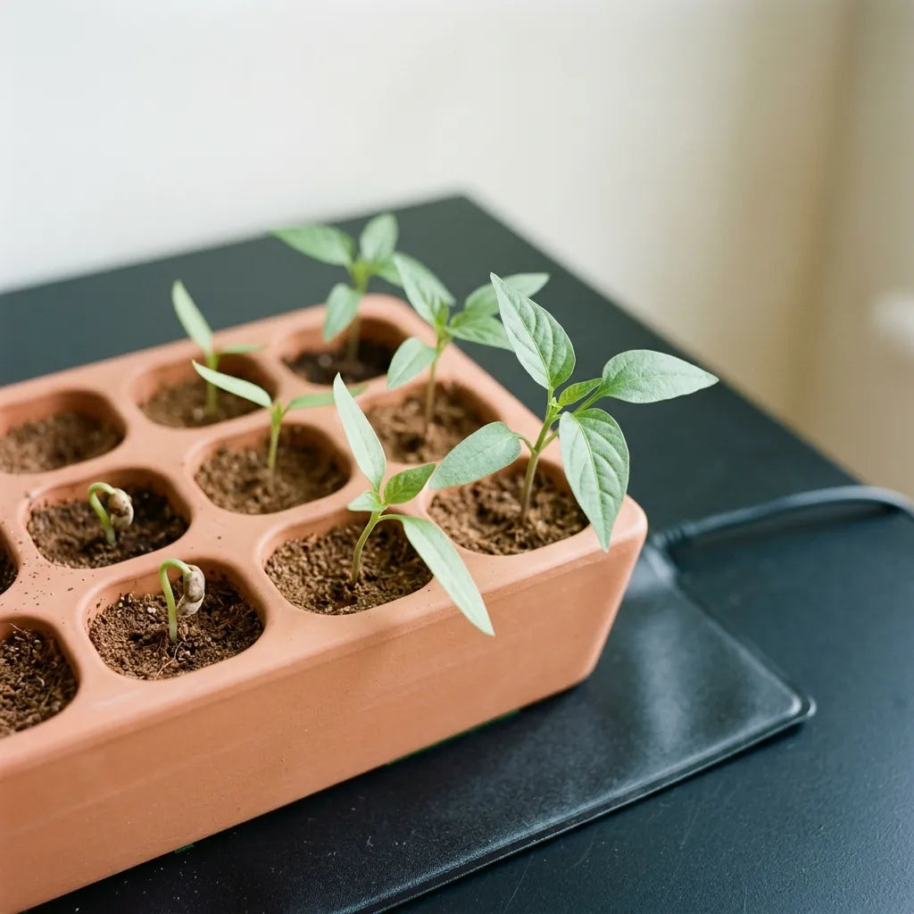 Semis de Habanero Citron sur tapis chauffant : plantules en crosse, cotylédons et premières vraies feuilles — SemiSauvage