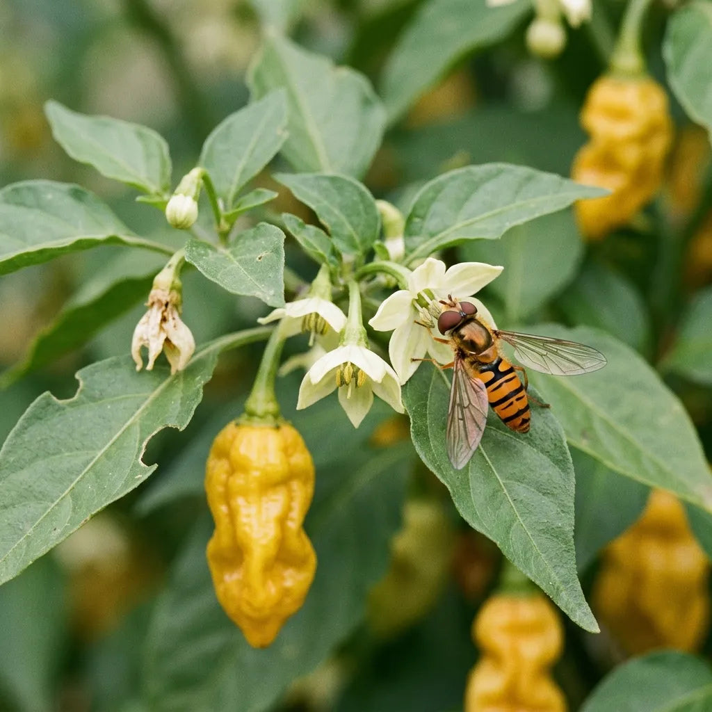 Syrphe ceinturé posé sur une fleur de piment Habanero Citron — SemiSauvage