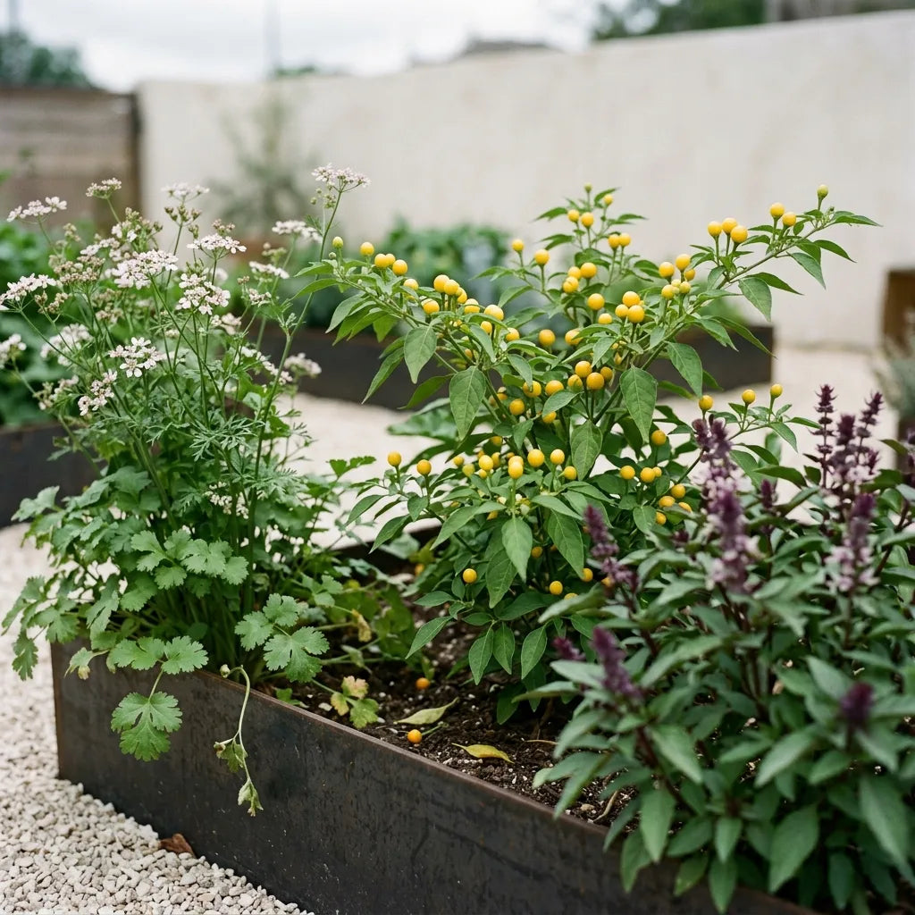 Association au potager : Aji Charapita, coriandre en fleurs et basilic thaï dans une planche bordée d'acier corten — SemiSauvage
