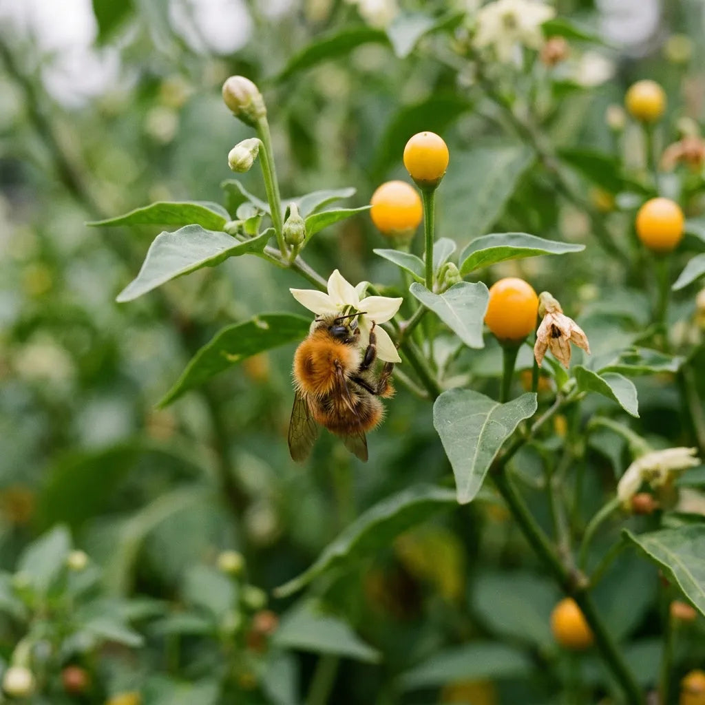 Bourdon des champs butinant les fleurs du piment Aji Charapita en été — SemiSauvage