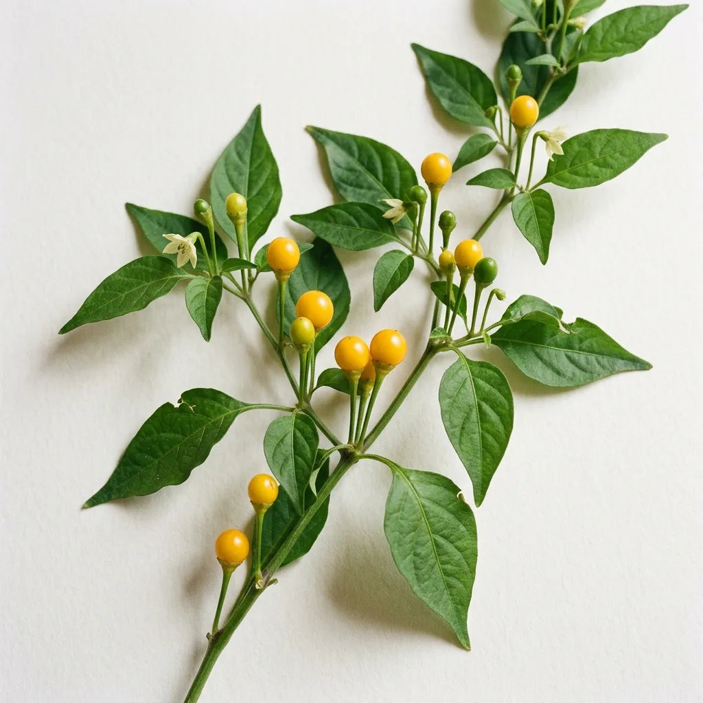 Piment Aji Charapita (Capsicum chinense) sur fond blanc : rameau portant de minuscules baies jaunes dressées et des fleurs blanc crème — SemiSauvage