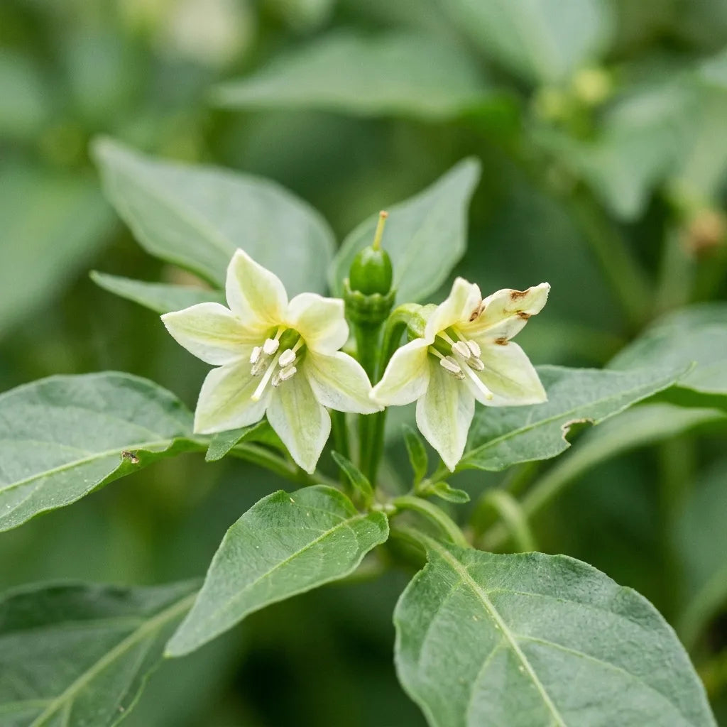 Macro des fleurs de Capsicum chinense : corolle étoilée blanc crème verdâtre et calice à collerette annulaire — SemiSauvage