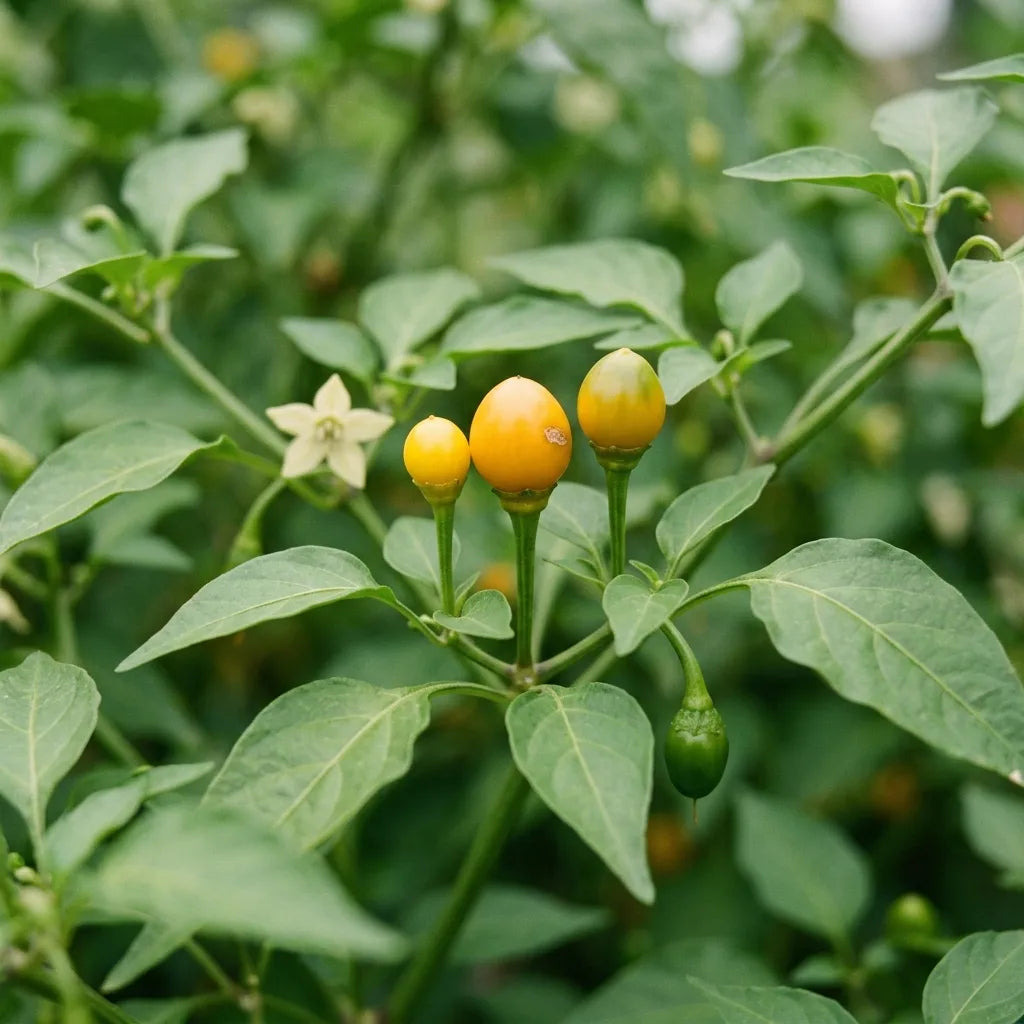 Macro des fruits d'Aji Charapita : baies rondes jaune vif de la taille d'un petit pois, dressées à la verticale — SemiSauvage