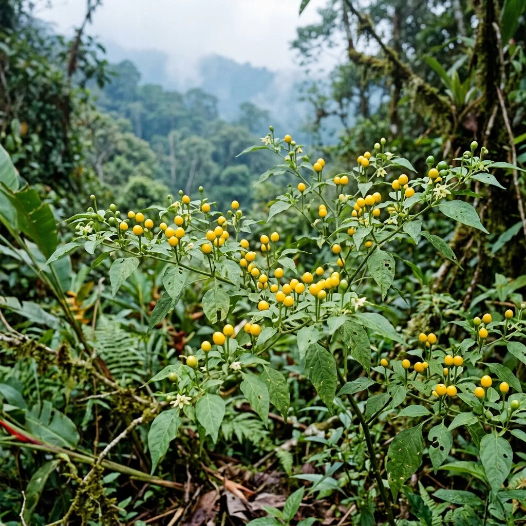Aji Charapita sauvage dans son milieu d'origine, en lisière de forêt amazonienne du nord du Pérou, sur le piémont andin — SemiSauvage