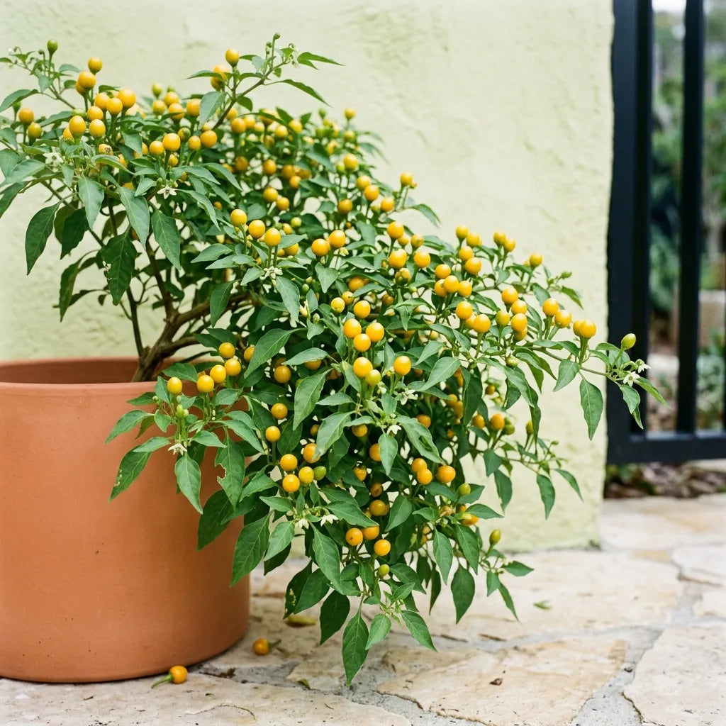 Pied buissonnant d'Aji Charapita chargé de centaines de petits piments jaunes, en pot de terre cuite sur une terrasse — SemiSauvage