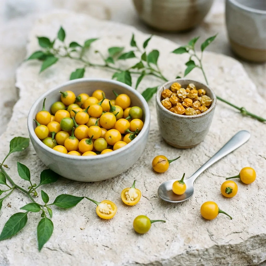 Récolte d'Aji Charapita : coupelle de piments jaunes frais, piments séchés et fruits coupés montrant les graines crème — SemiSauvage