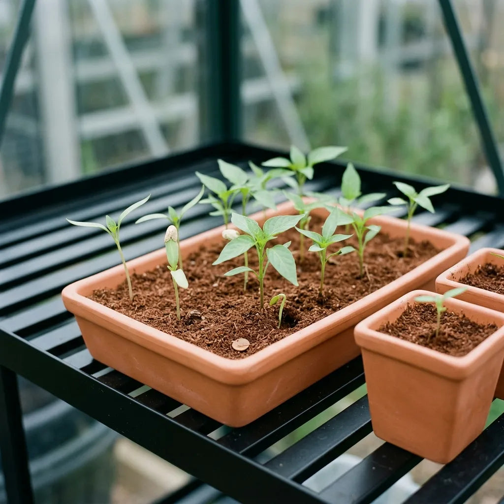 Semis d'Aji Charapita sous serre : plantules à cotylédons étroits et premières vraies feuilles en terrine de terre cuite — SemiSauvage