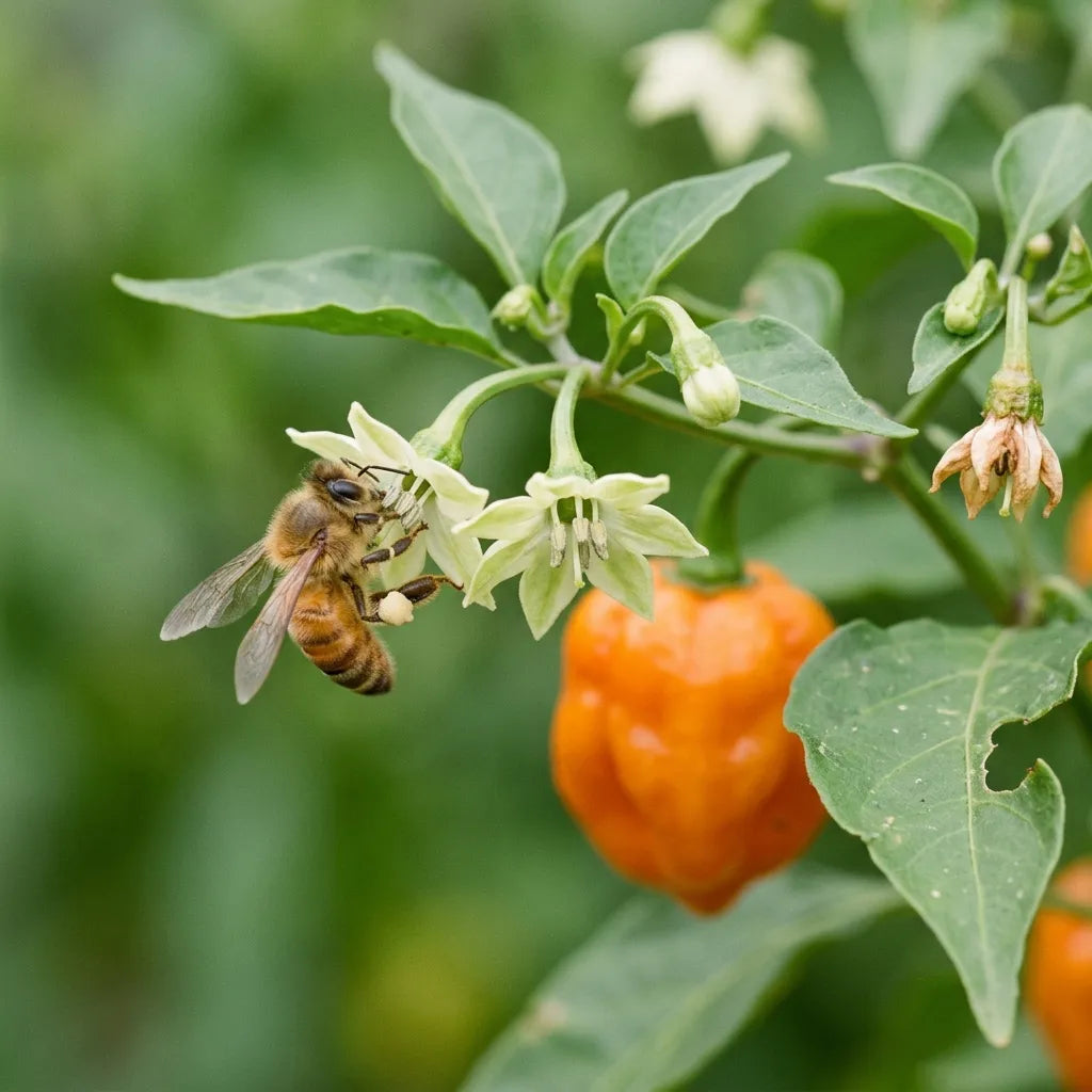 Abeille domestique butinant les fleurs du piment antillais habanero — SemiSauvage