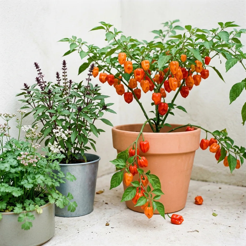 Carré chaud en pots sur une terrasse : piment antillais, basilic thaï et coriandre — SemiSauvage