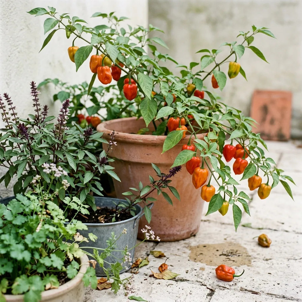 Carré chaud en pots sur une terrasse : piment antillais habanero débordant de son pot de terre cuite, basilic thaï et coriandre — SemiSauvage