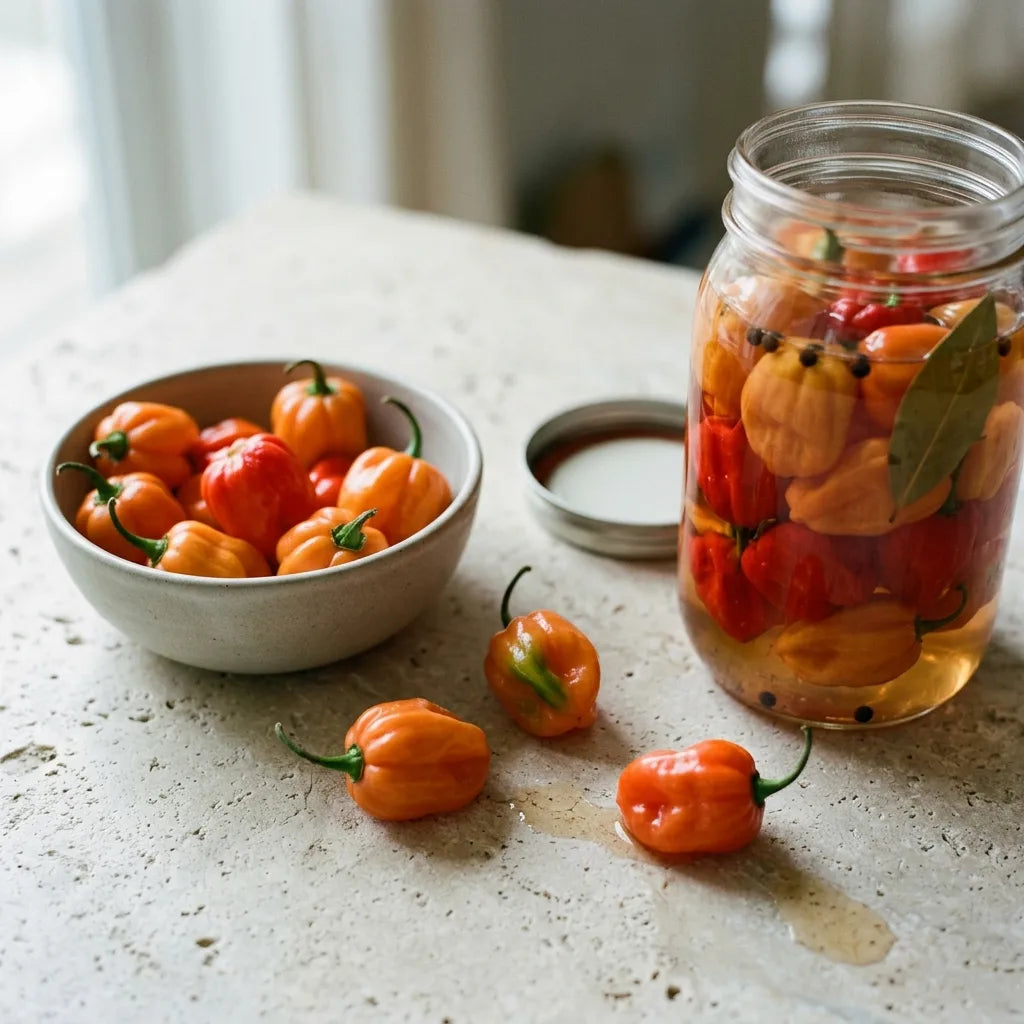 Conservation des piments antillais au vinaigre en bocal de verre, à côté d'une coupelle de fruits frais — SemiSauvage