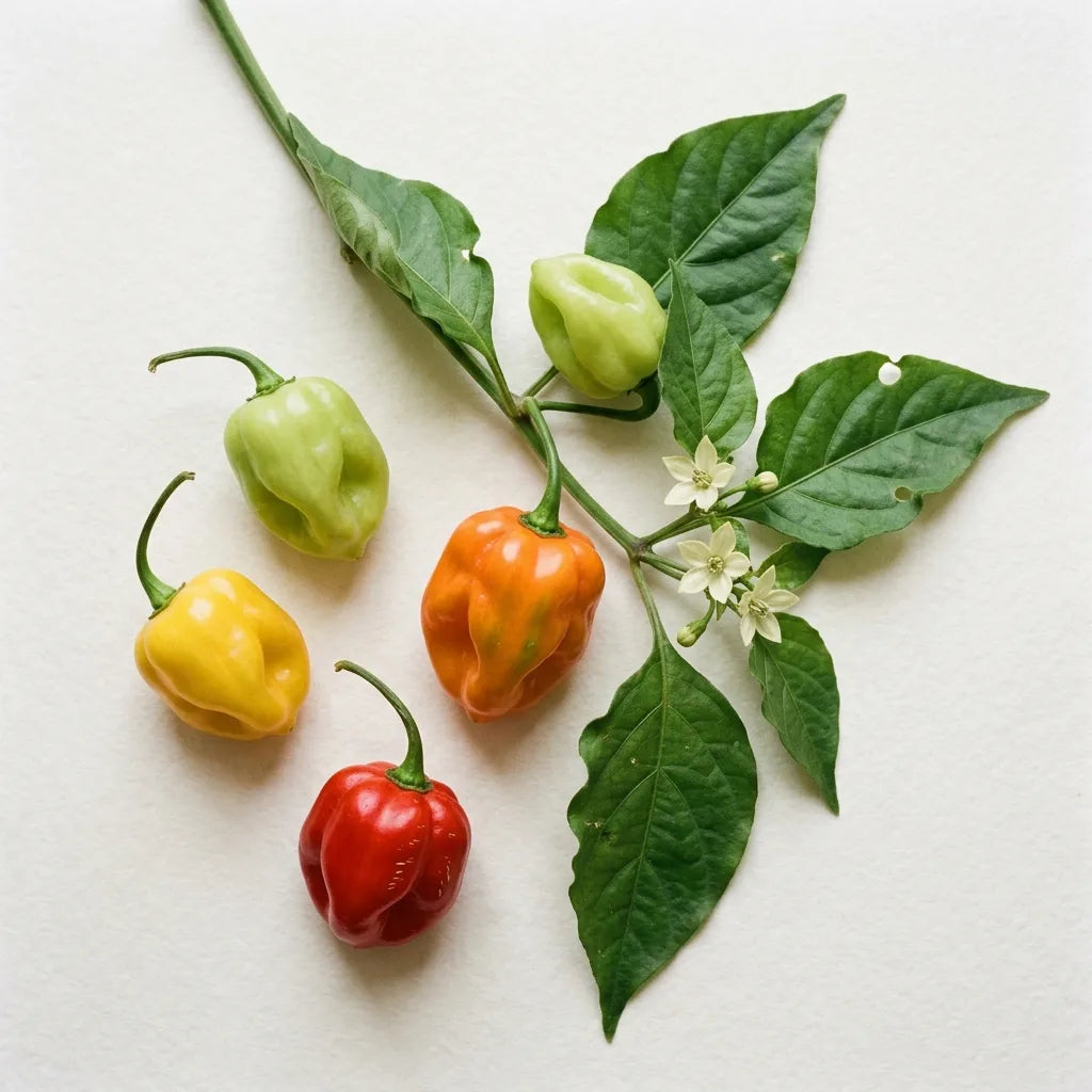 Piment antillais habanero (Capsicum chinense) sur fond blanc : les quatre stades vert, jaune, orange et rouge et un rameau fleuri — SemiSauvage