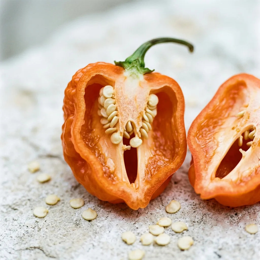 Habanero orange fendu : paroi très fine, cavité creuse, placenta et graines crème — SemiSauvage