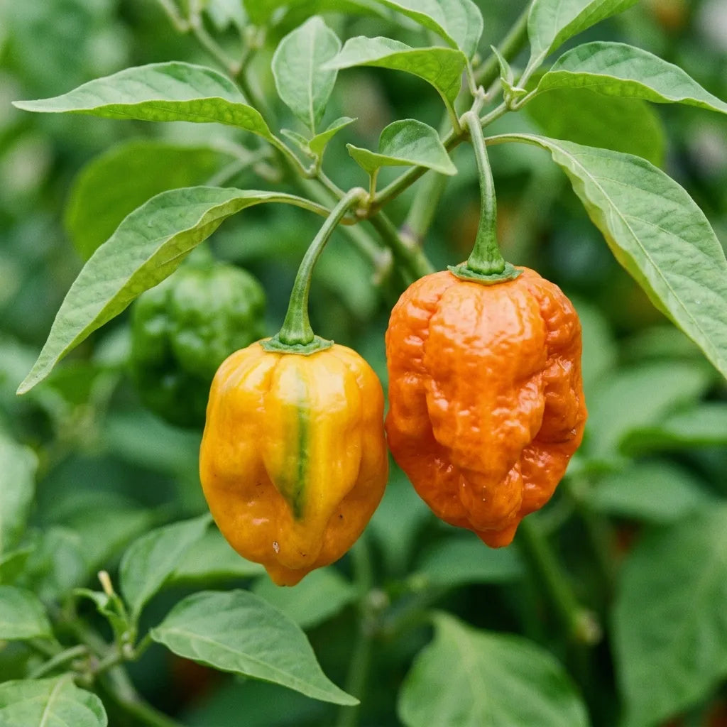 Macro de deux habaneros pendants en forme de lampion bossélé, l'un orange vif et l'autre jaune-orangé — SemiSauvage